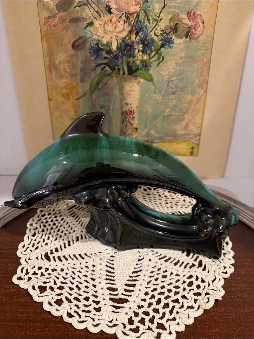 Vintage Blue Mountain Pottery Dolphin Figurine Green Drip Glaze MCM Canada 12"